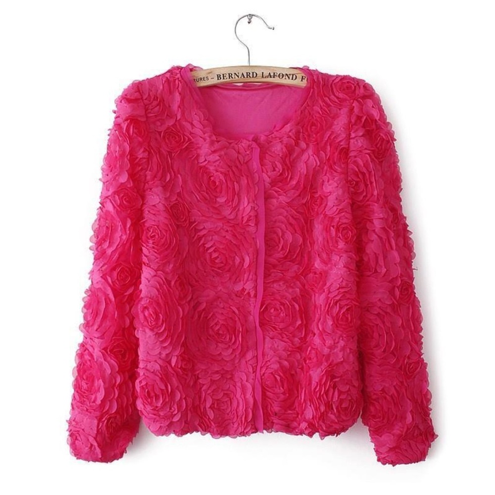 Women’s Floral Textured  Zip Jacket 3D Fairy Hot Pink 3/4 sleeve XS-S